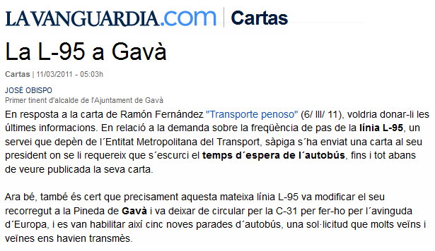 Carta de resposta de l'Ajuntament de Gav a un ve de Gav Mar publicada al diari 'La Vanguardia' per les queixes del transport pblic a Gav Mar (11 de Mar de 2011)